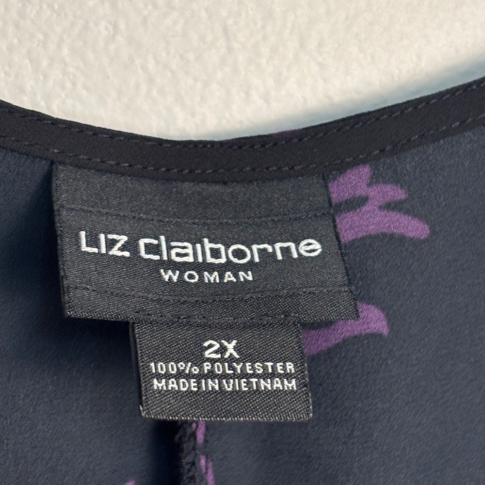 Liz Claiborne 2X Floral Tunic Blouse Bell Sleeve Black Purple Pink Boho Plus - Picture 3 of 8